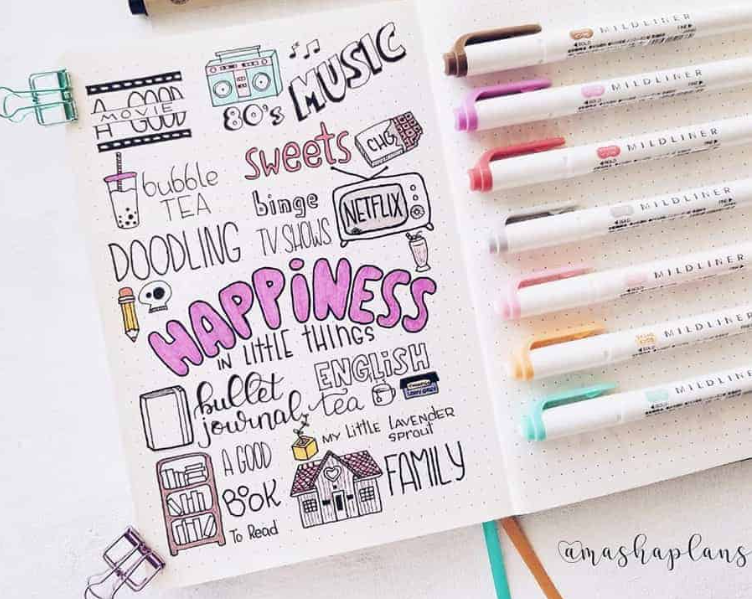Self-care bullet journal showing a happy list.